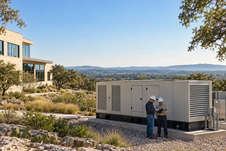 Technicians at a containerized generator behind a limestone office campus, Hill Country ridges on the horizon