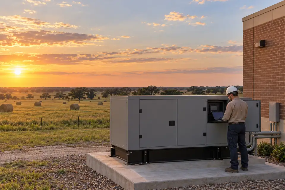 Technician checking a standby generator beside a commercial building, Brazos Valley pasture and post oaks beyond