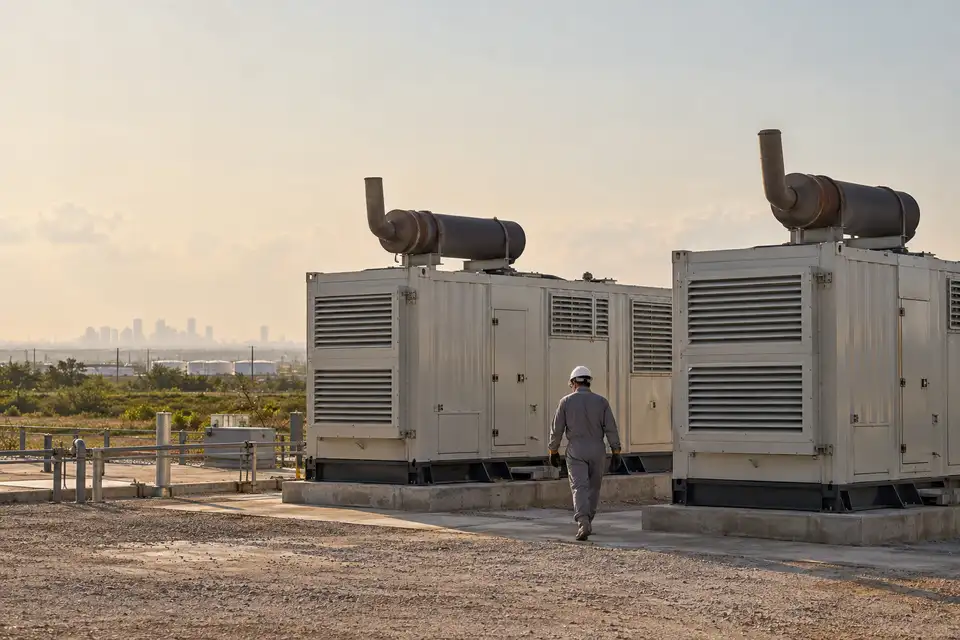 Technician walking between two containerized generators with a city skyline in the summer haze