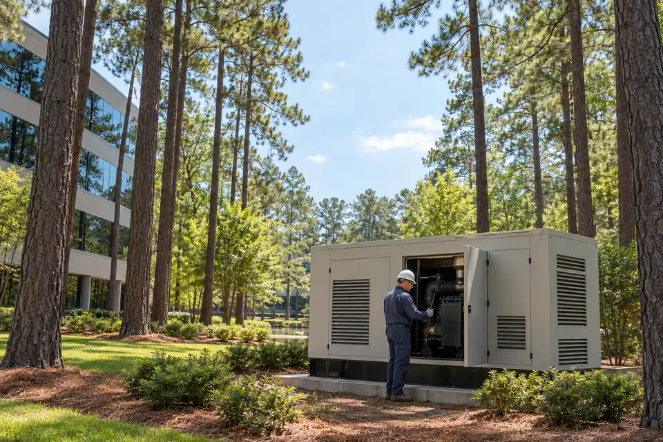 Technician opening a standby generator enclosure beneath tall East Texas pines at an office park