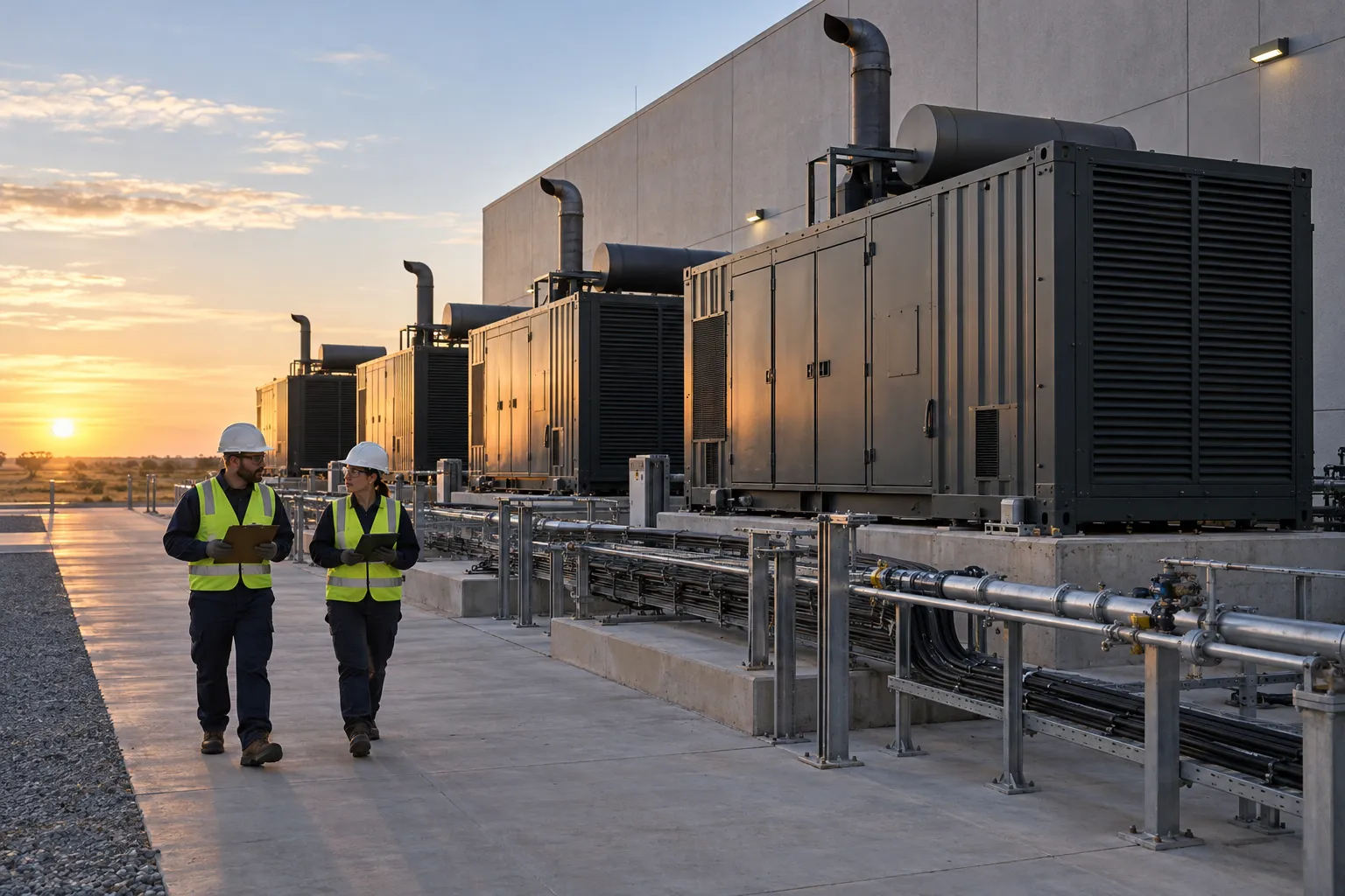A row of dark grey generator enclosures with exhaust stacks beside a data center building at sunrise, with two technicians in hard hats and hi-vis vests walking the row