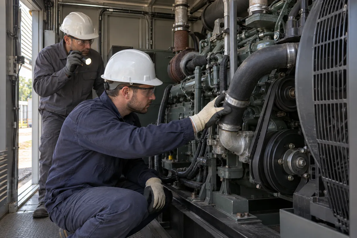 A technician in safety glasses checks the coolant and belts on a large diesel engine inside a generator enclosure while a colleague holds a flashlight