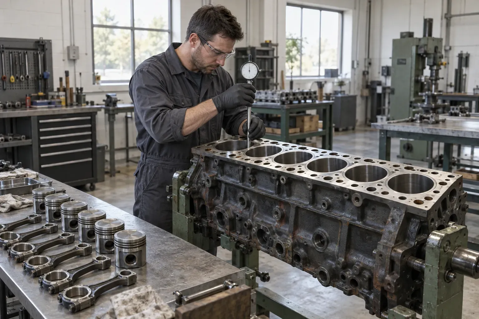 A mechanic in safety glasses measures a cylinder bore on an industrial diesel engine block mounted on a rebuild stand, with pistons and connecting rods laid out on a bench
