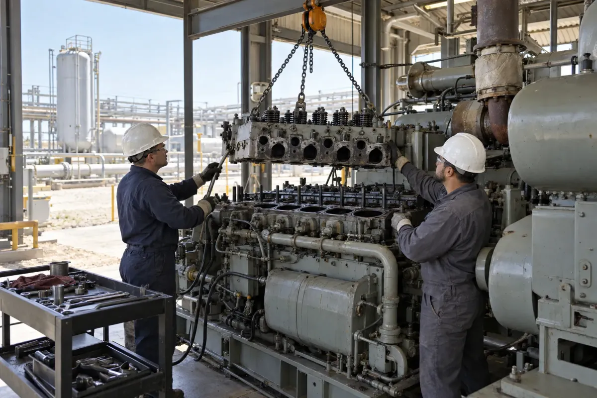 Two mechanics in hard hats lift a cylinder head off a large engine with a chain hoist under an open-sided shelter at an industrial plant
