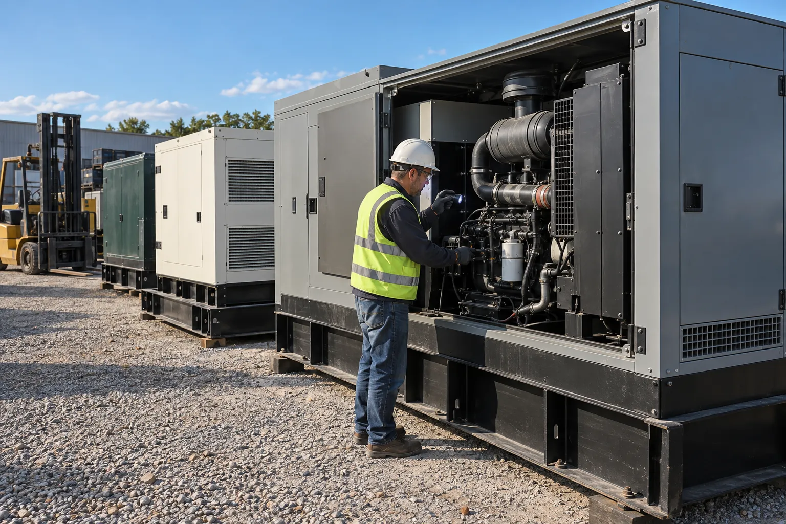 Industrial generator sets on skids and in plain enclosures lined up in a gravel equipment yard while a technician inspects one through an open side panel