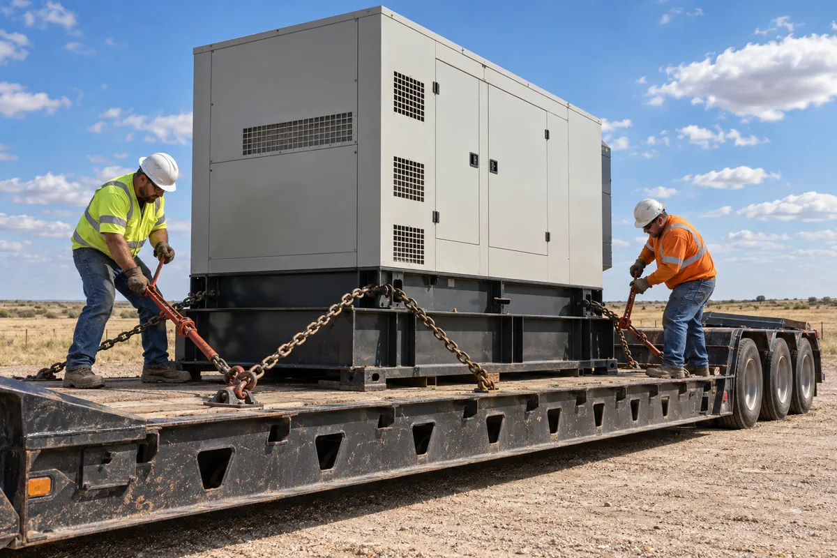 Two workers in hard hats chaining down an industrial generator set on a lowboy trailer before delivery, with flat Texas country behind them