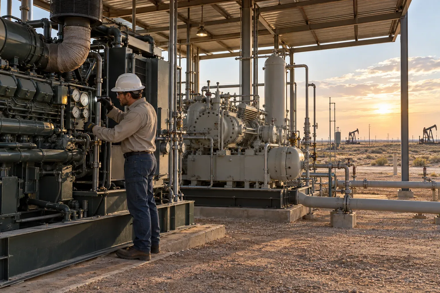 A technician in a hard hat checks engine gauges on a gas compressor package under a steel canopy in West Texas at sunset, with pump jacks in the distance