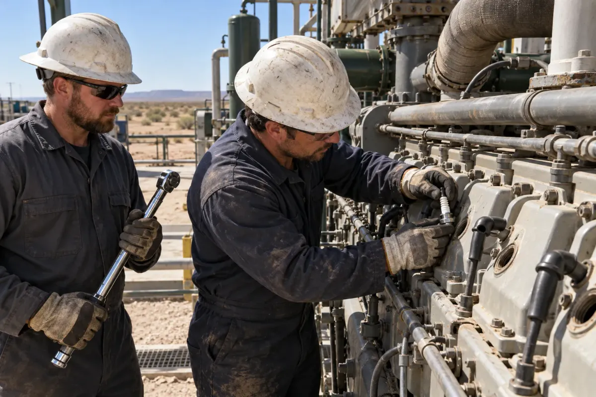 A mechanic in flame-resistant coveralls and gloves replaces spark plugs on a large natural gas engine while a co-worker holds a torque wrench, in dusty West Texas daylight