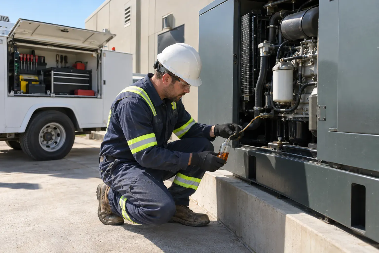 A field technician in a hard hat kneels beside an industrial standby generator to draw an oil sample, with a service truck parked behind him