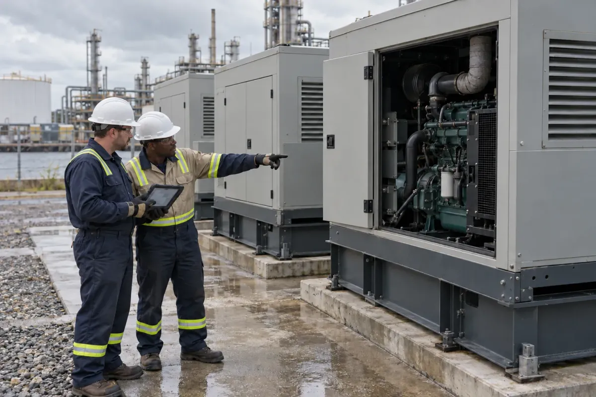 Two technicians review a rugged tablet beside a row of three industrial generators behind a plant on the Gulf Coast