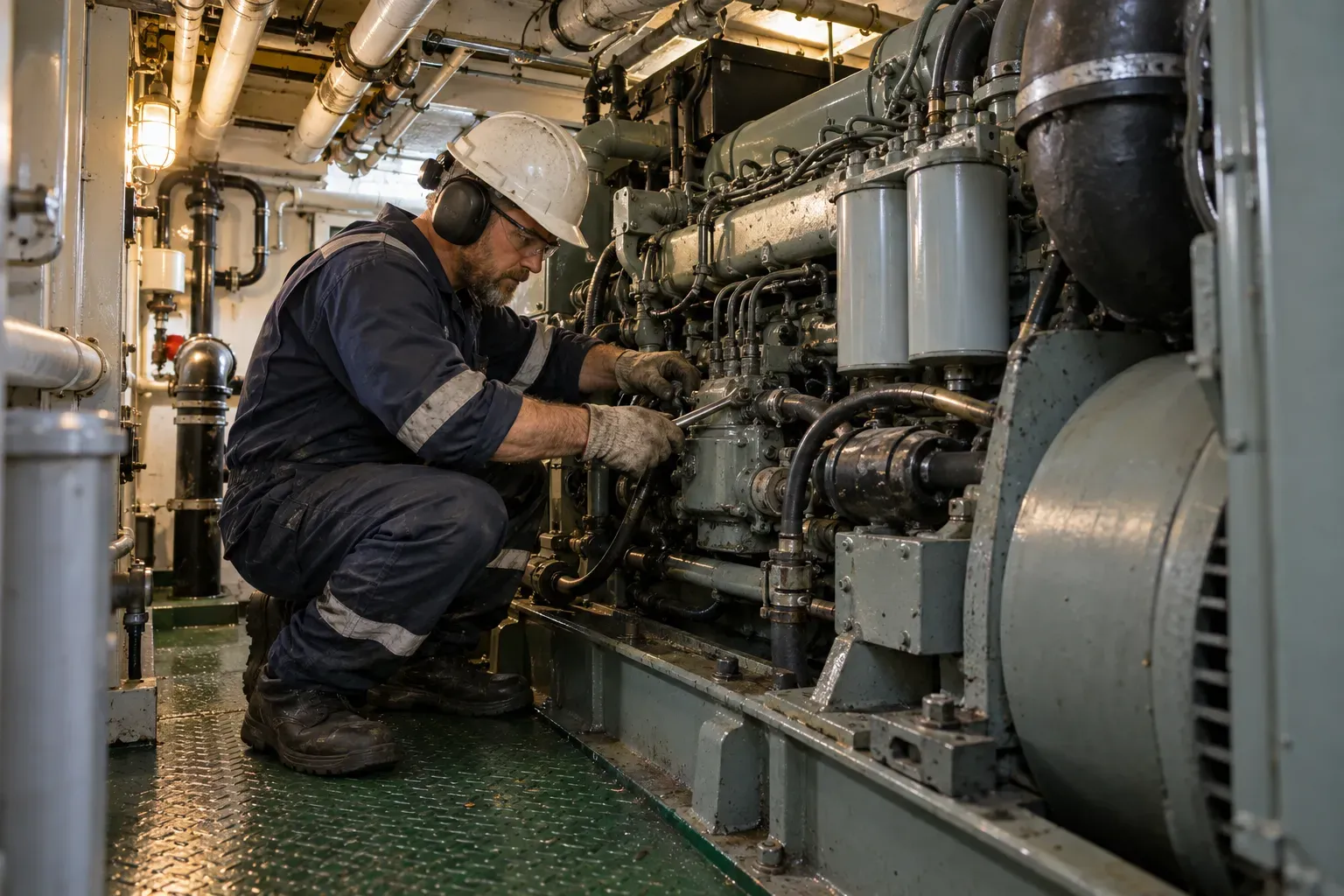 A marine technician in coveralls, ear protection and safety glasses services a diesel generator set in the cramped engine room of a workboat