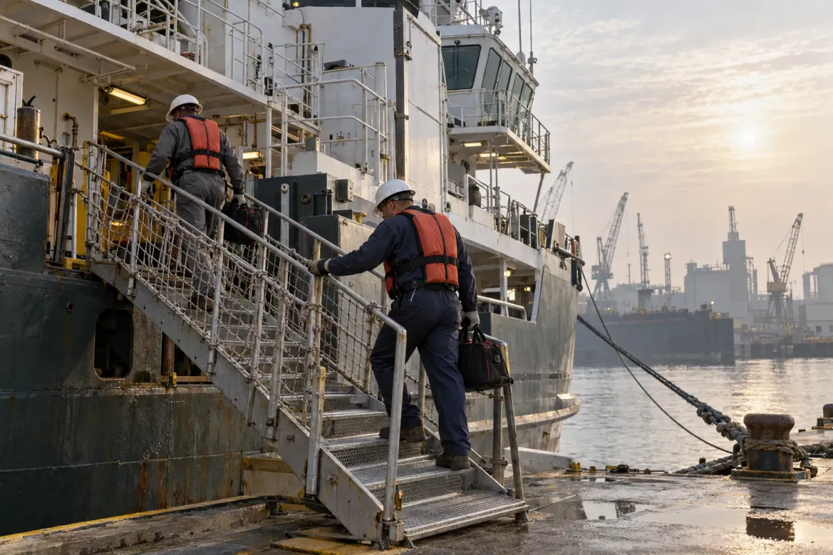 Two technicians in hard hats and life vests carry tool bags up the gangway of a vessel tied up at a Gulf Coast dock, with port cranes in the background