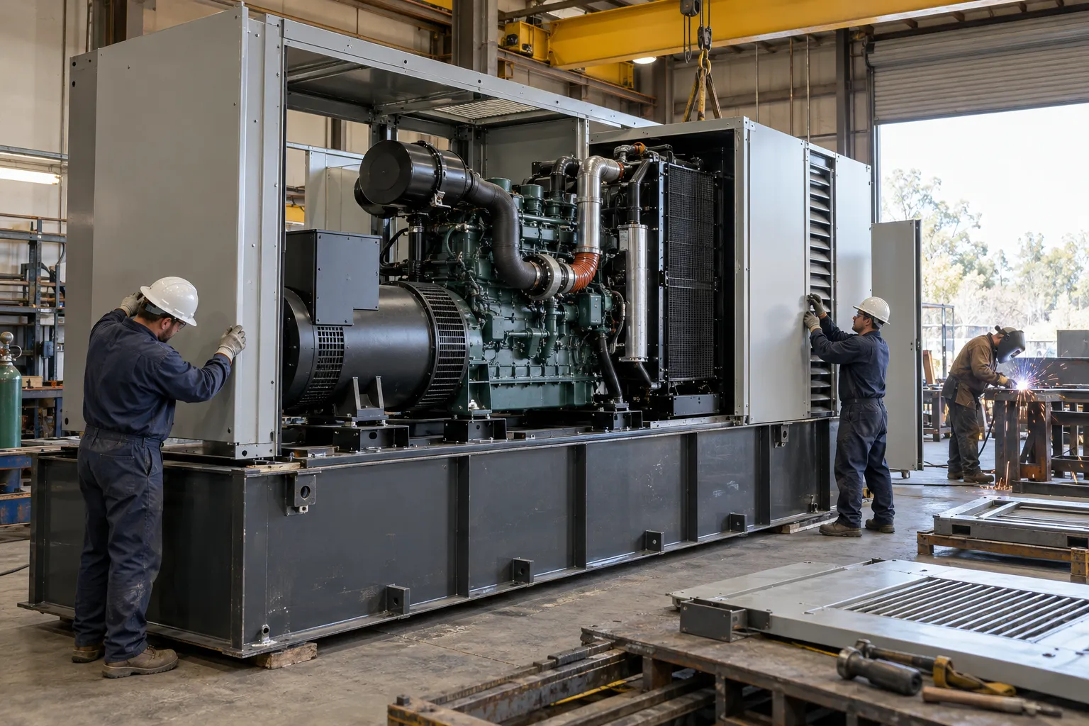 Two workers in hard hats fit steel enclosure panels around a large generator set on a sub-base fuel tank inside a fabrication shop, with a welder at work in the background