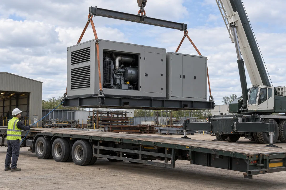 A mobile crane lifts a finished enclosed power package onto a flatbed trailer in a fabrication yard while a rigger in a hi-vis vest guides it with a tag line