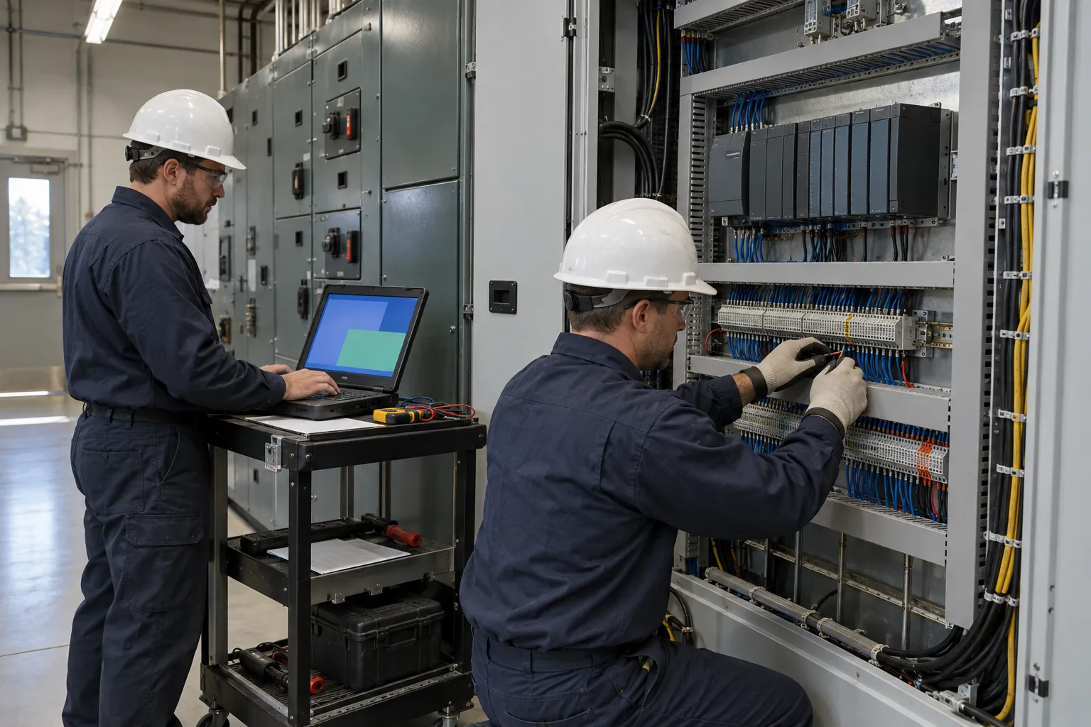 A technician in gloves and a hard hat terminates control wiring below a PLC rack inside an open control cabinet, while a colleague works on a laptop beside the switchgear lineup