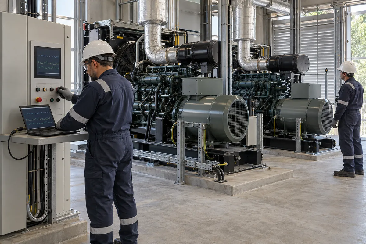 A commissioning engineer with a laptop at a control panel beside two parallel industrial generators in an equipment room, with a second technician watching the units